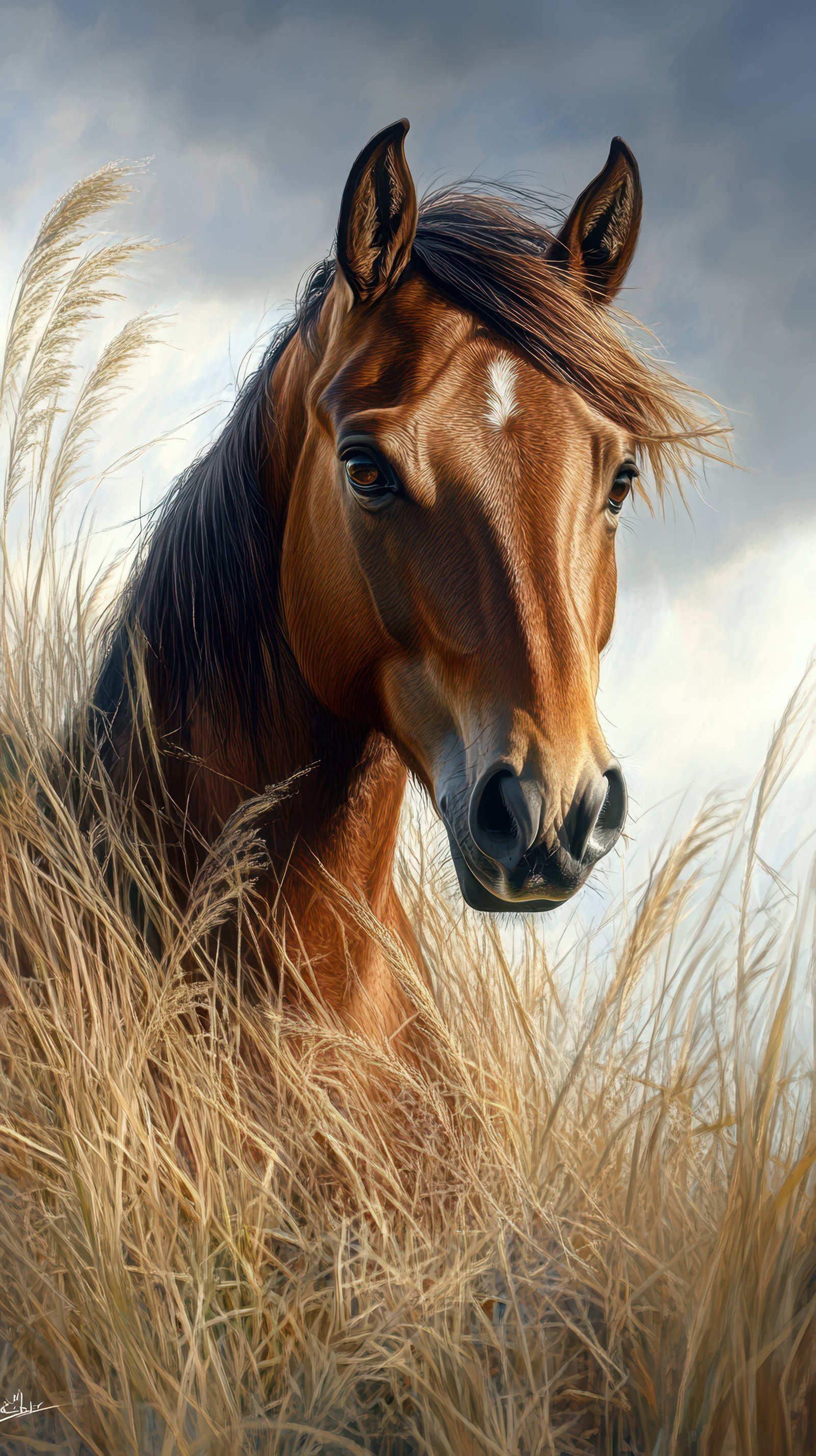 Majestic brown horse standing gracefully in tall golden grass under a cloudy sky